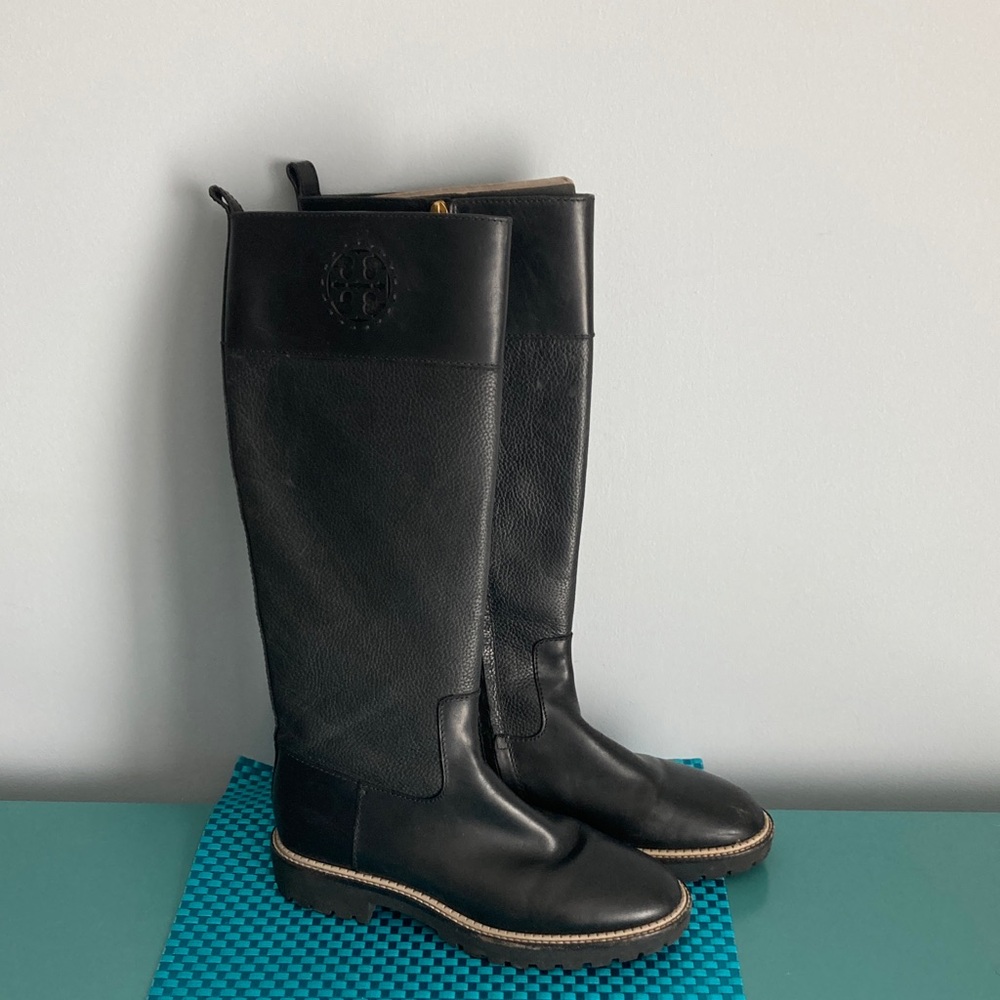 Tory Burch Miller Black Leather Lug-Sole Knee-High Boots Women Size 8.5